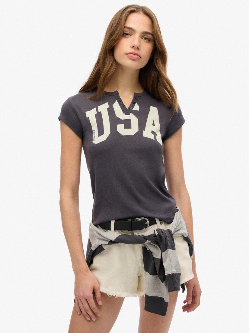 Product image 1 of 5, which shows Superdry Athletic Essentials Notch Neck Graphic T-Shirt, Charcoal, 8