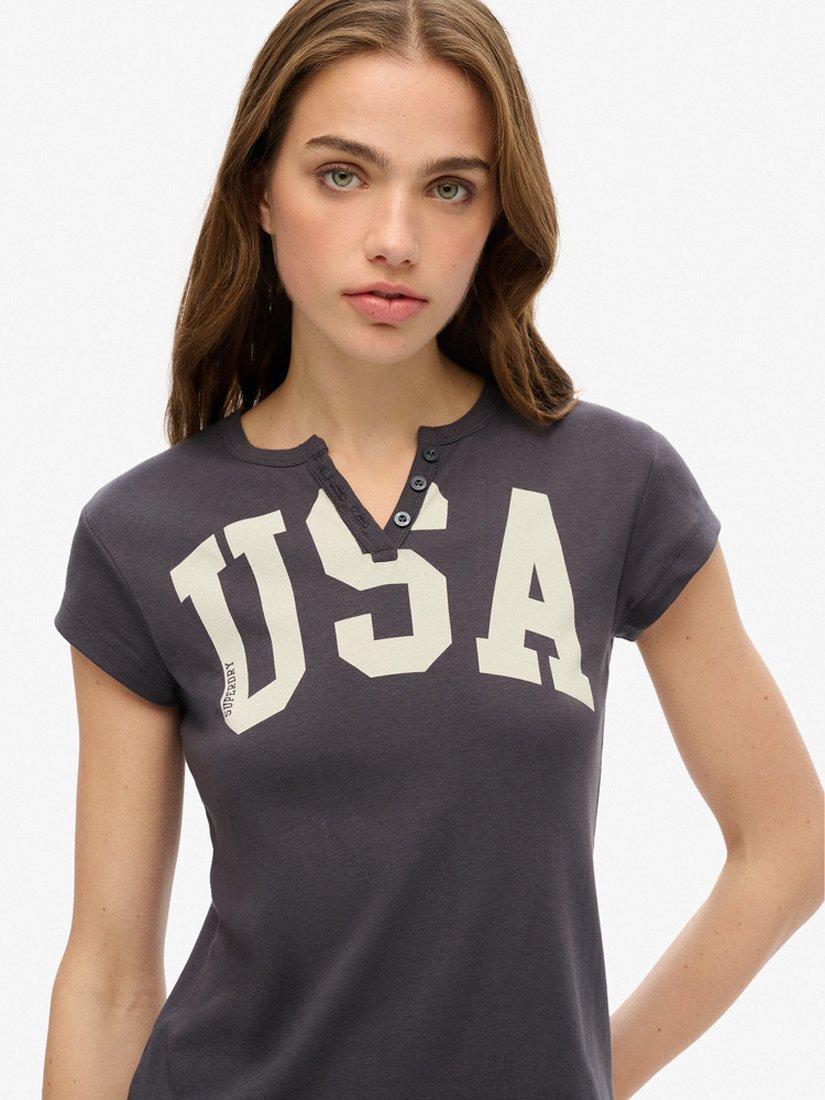 Product image 4 of 5, which shows Superdry Athletic Essentials Notch Neck Graphic T-Shirt, Charcoal, 8