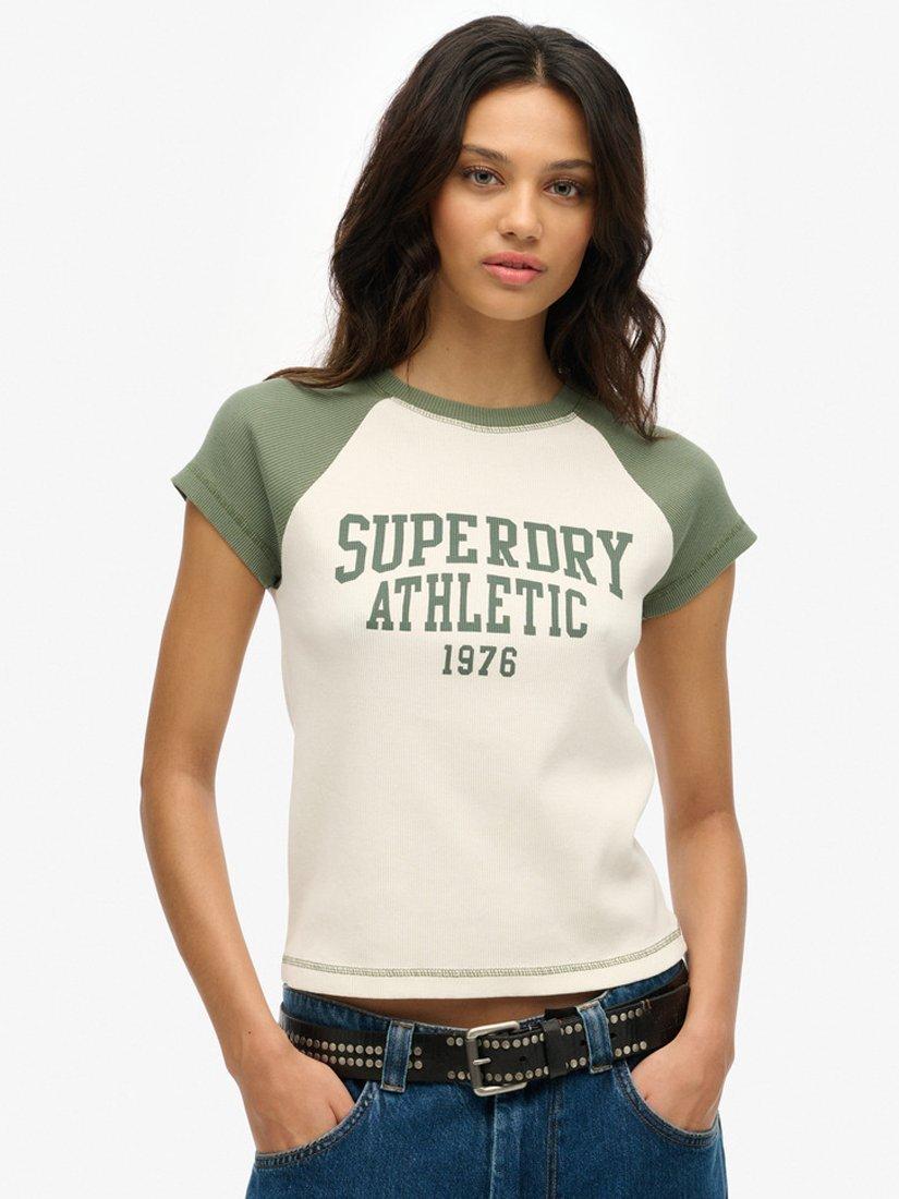 Product image 1 of 5, which shows Superdry Athletic Essentials Raglan Sleeve Pure Organic Cotton T-Shirt, Desert Bone White, 8