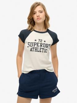 Superdry Athletic Essentials Raglan Cap Sleeve T-Shirt, Off White/Enforcer Blue, Off White/Enforcer Blue