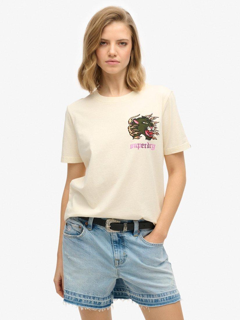 Product image 1 of 5, which shows Superdry Old School Tattoo Relaxed T-Shirt, Cream, 8