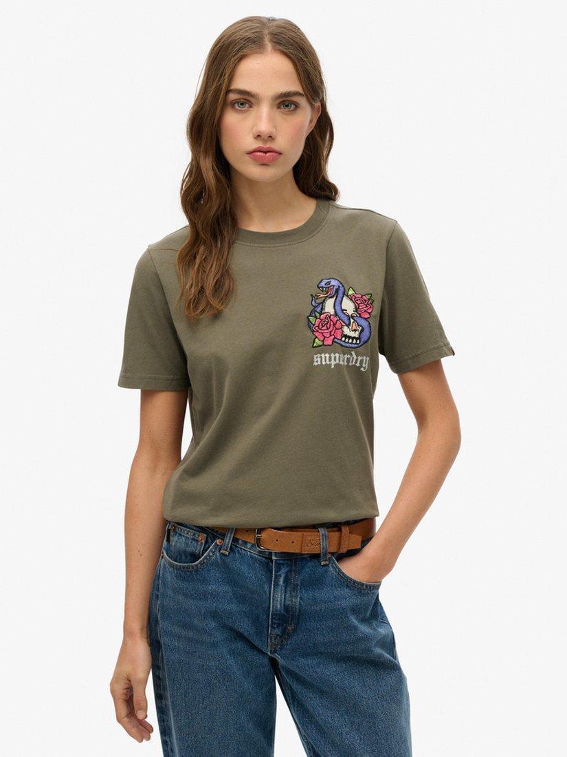 Product image 1 of 4, which shows Superdry Old School Tattoo Relaxed T-Shirt, Dark Khaki, 8