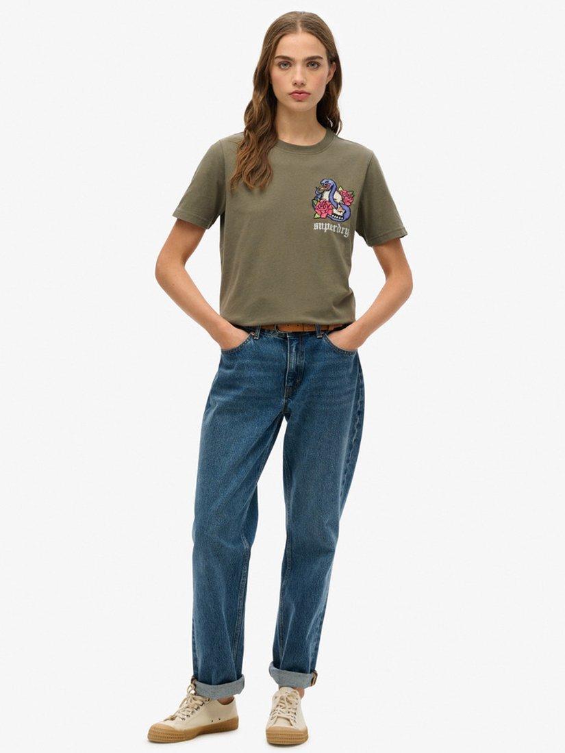 Product image 3 of 4, which shows Superdry Old School Tattoo Relaxed T-Shirt, Dark Khaki, 8