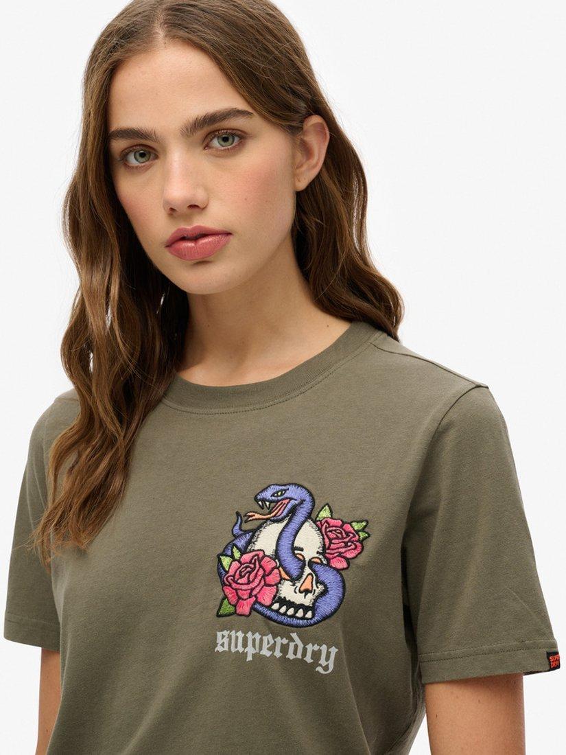 Product image 4 of 4, which shows Superdry Old School Tattoo Relaxed T-Shirt, Dark Khaki, 8