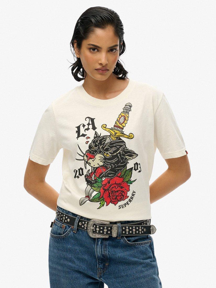 Product image 1 of 5, which shows Superdry Neo Tattoo Pure Organic Cotton T-Shirt, Off White Slub, 8