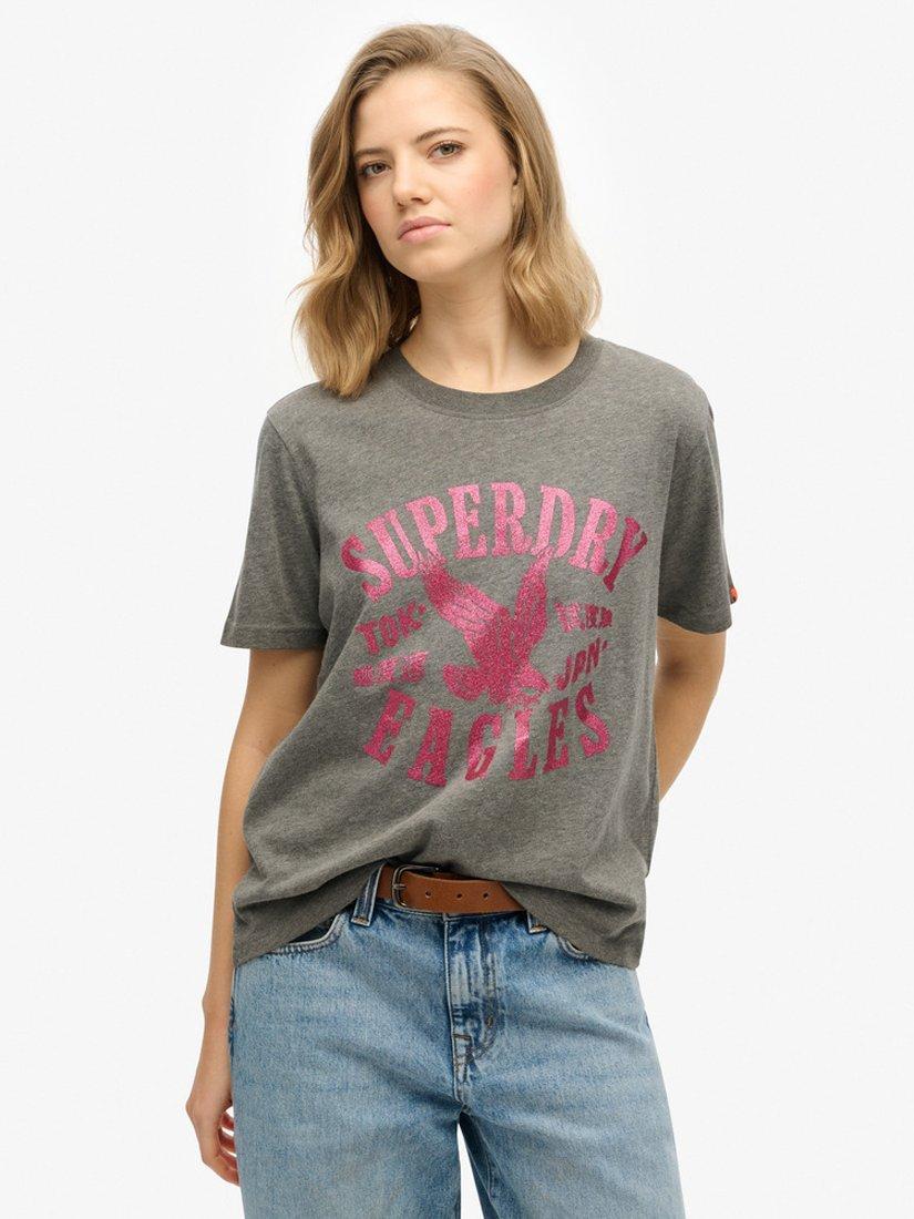 Product image 1 of 3, which shows Superdry Embellished Varsity Pure Organic Cotton T-Shirt, Dark Grey Marl, 8