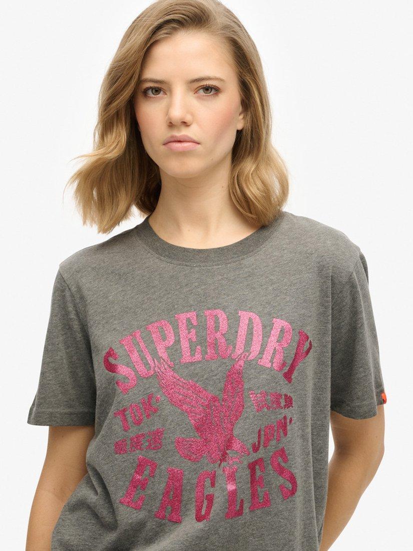 Product image 2 of 3, which shows Superdry Embellished Varsity Pure Organic Cotton T-Shirt, Dark Grey Marl, 8