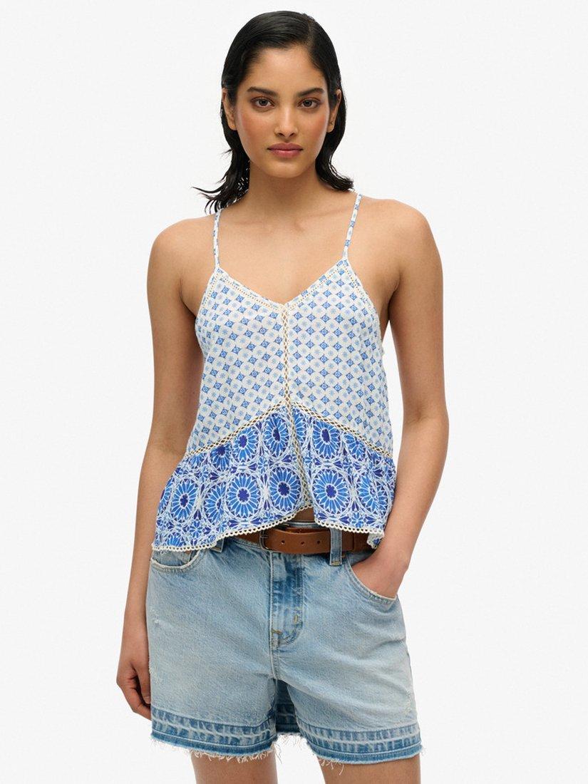 Product image 1 of 5, which shows Superdry Boho Ladder Trim Cami Top, Ibiza Blue, 8