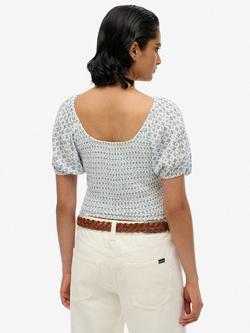 Superdry Smocked Woven Top, Blue - view 2, Blue
