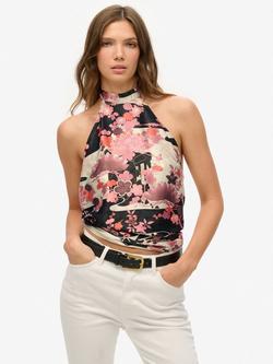 Superdry Floral Jacquard Halter Neck Top, Pink/Multi, Pink/Multi