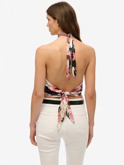 Superdry Floral Jacquard Halter Neck Top, Pink/Multi - view 2, Pink/Multi