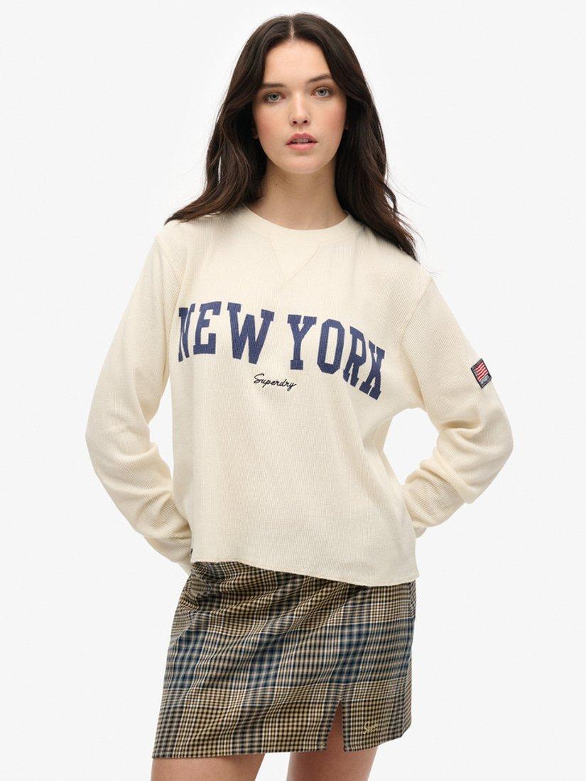 Product image 1 of 4, which shows Superdry Athletic Essential Graphic Long Sleeve Top, Desert Bone White, 8