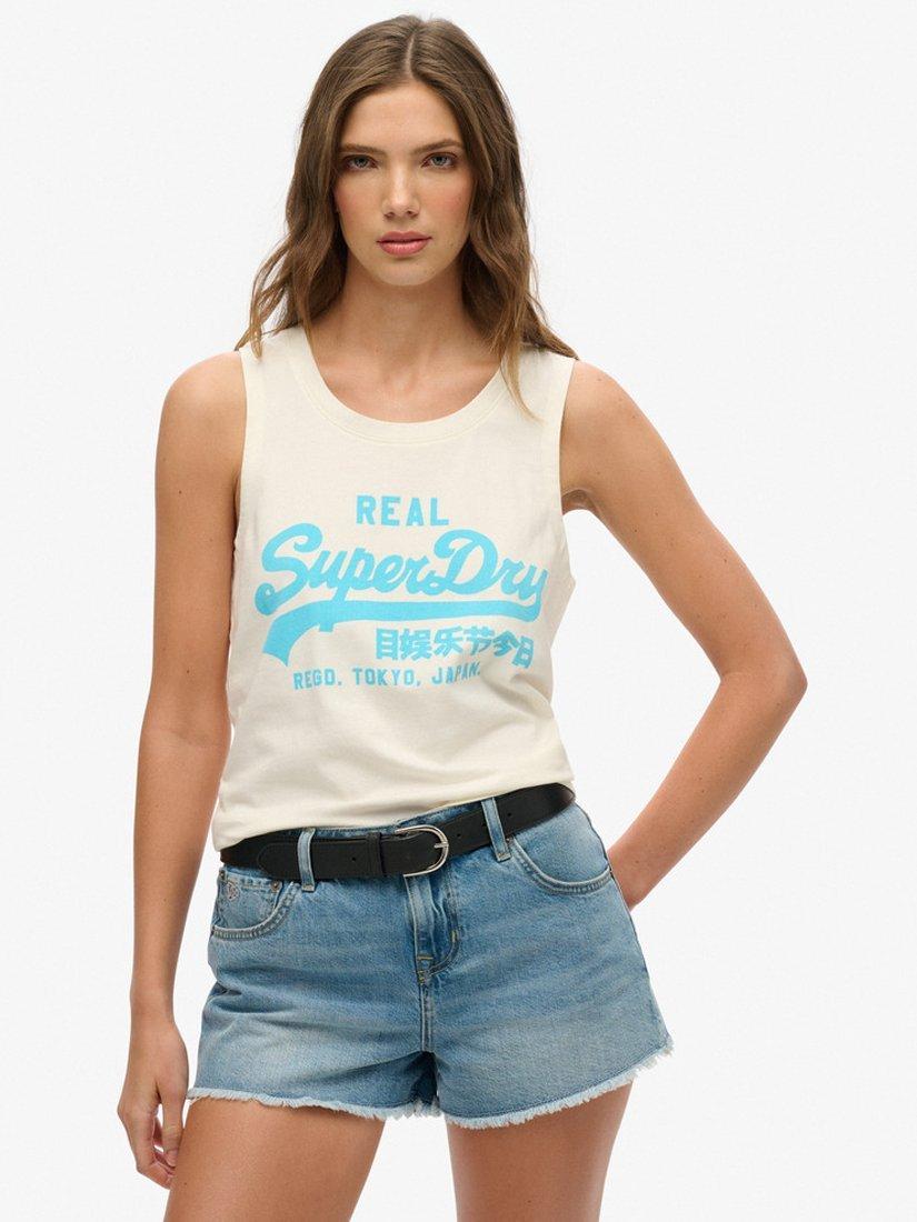 Product image 1 of 5, which shows Superdry Vintage Logo Neon Scoop Neck Tank, Off White, 8