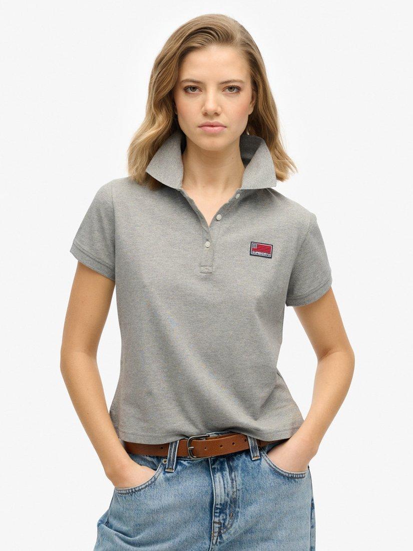 Product image 1 of 6, which shows Superdry Athletic Essential Graphic Polo Shirt, Grey Marl, 8