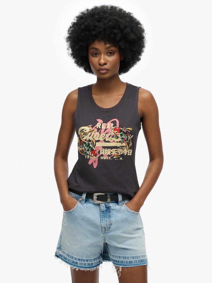 Product image 1 of 4, which shows Superdry Cotton Logo Graphic Vest Top, Dark Charcoal, 8
