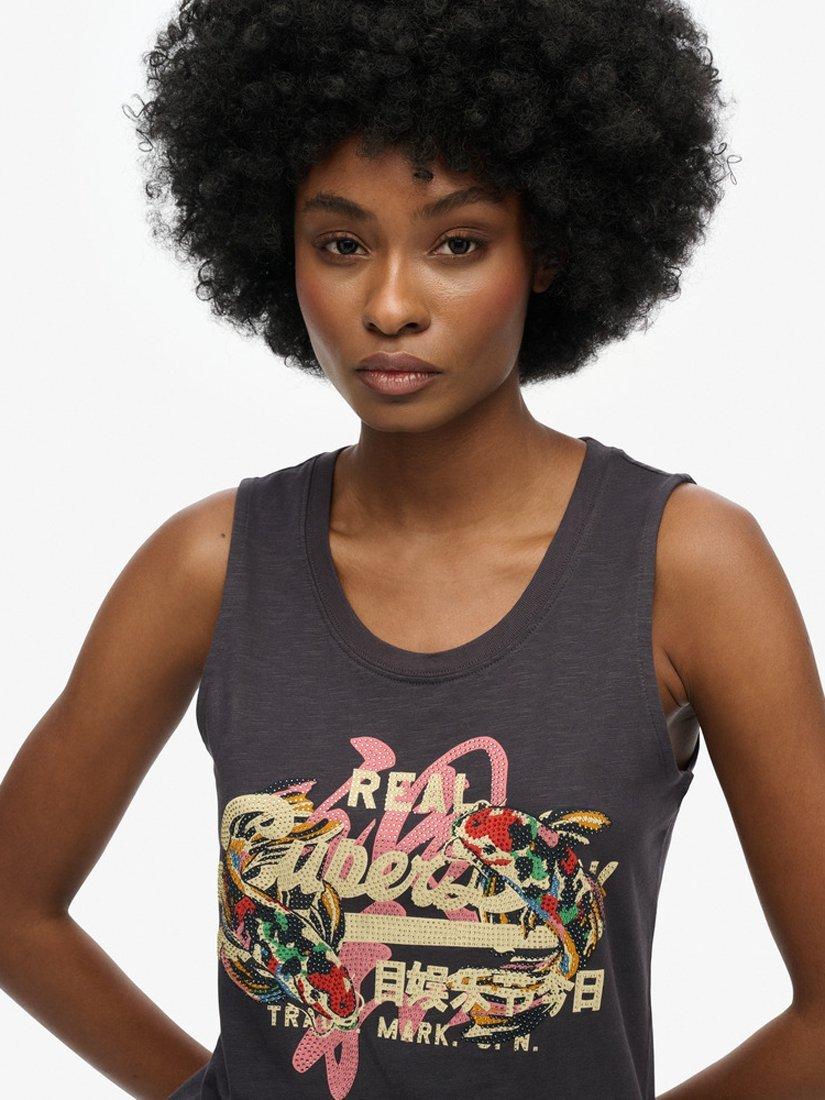 Product image 4 of 4, which shows Superdry Cotton Logo Graphic Vest Top, Dark Charcoal, 8