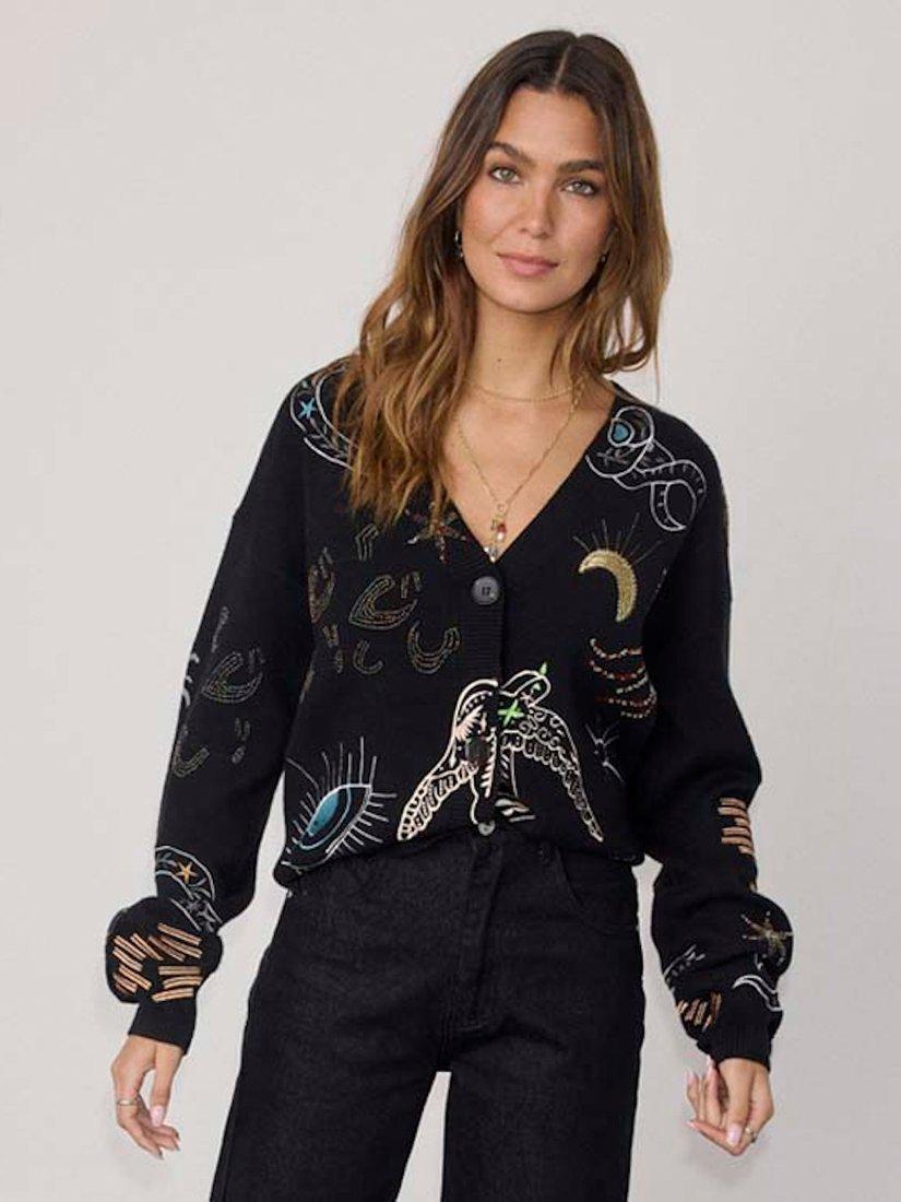 Product image 1 of 6, which shows Never Fully Dressed Enchanted Motifs Cardigan, Black/Multi, S