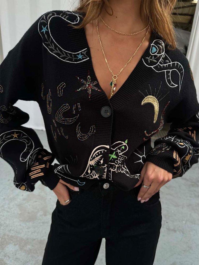 Product image 2 of 6, which shows Never Fully Dressed Enchanted Motifs Cardigan, Black/Multi, S