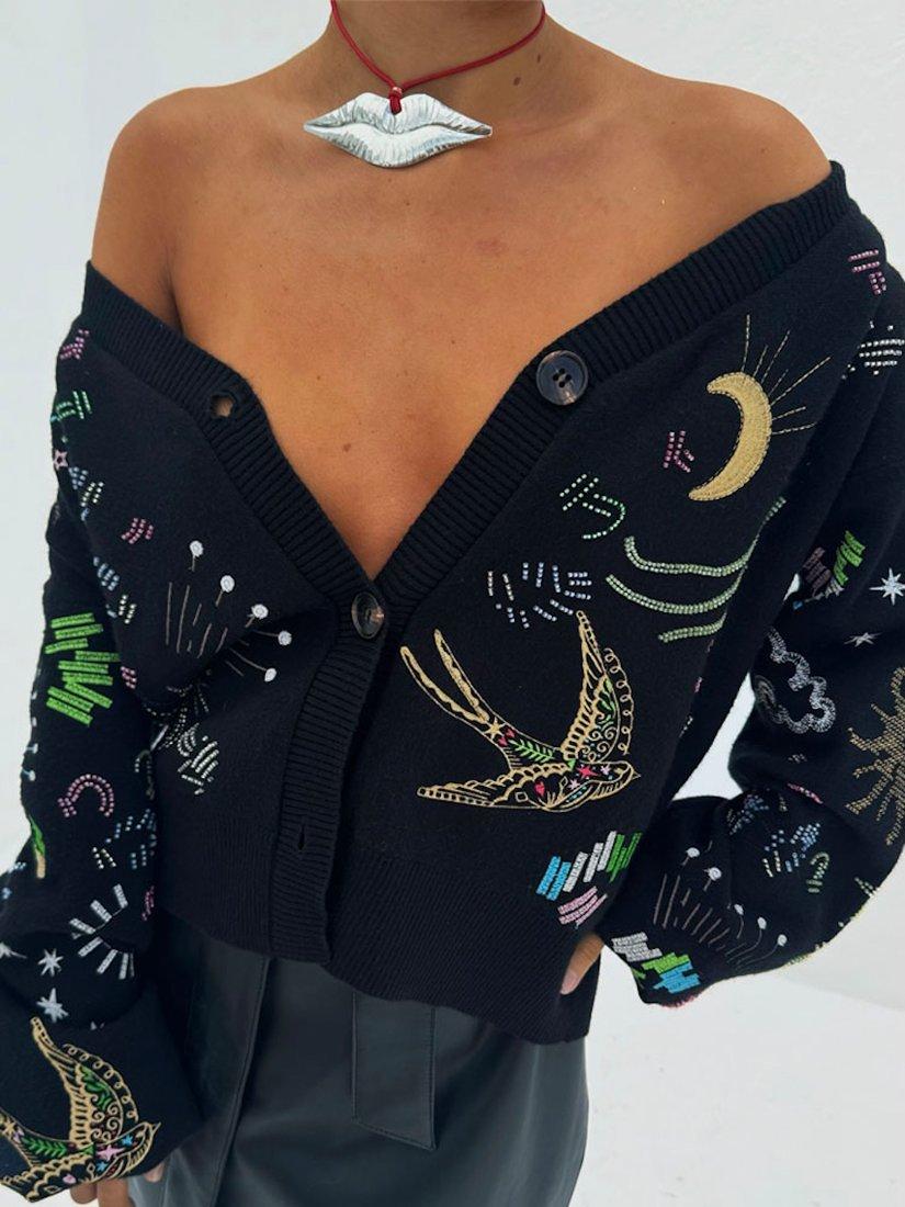 Product image 4 of 6, which shows Never Fully Dressed Enchanted Motifs Cardigan, Black/Multi, S