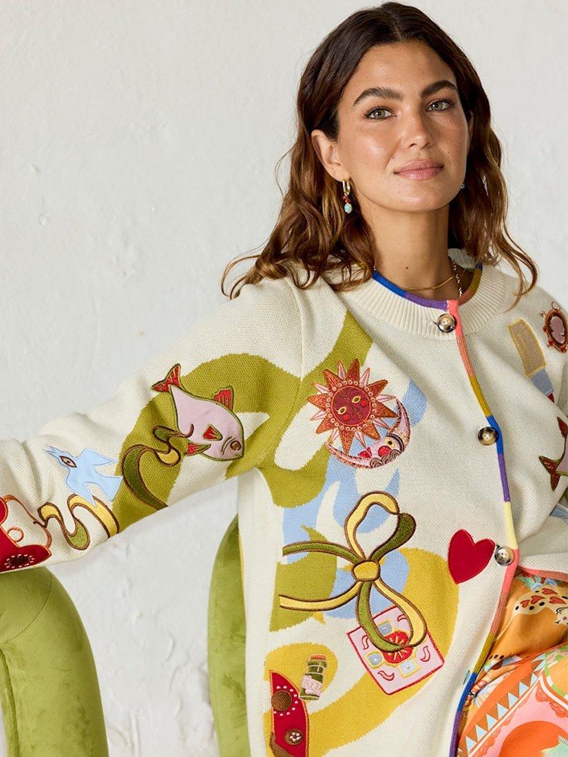 Product image 3 of 8, which shows Never Fully Dressed Mystical Motifs Cardigan, Cream, XS