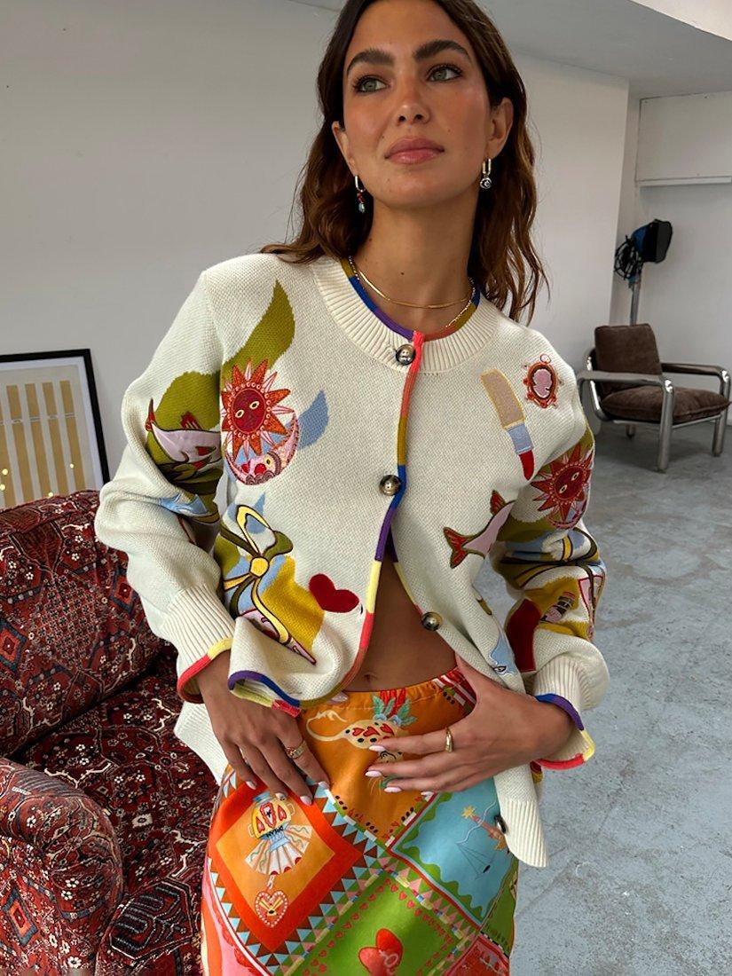 Product image 6 of 8, which shows Never Fully Dressed Mystical Motifs Cardigan, Cream, XS