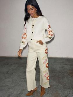 Never Fully Dressed Floral Embroidered Scallop Pocket Jeans, Cream/Multi, Cream/Multi