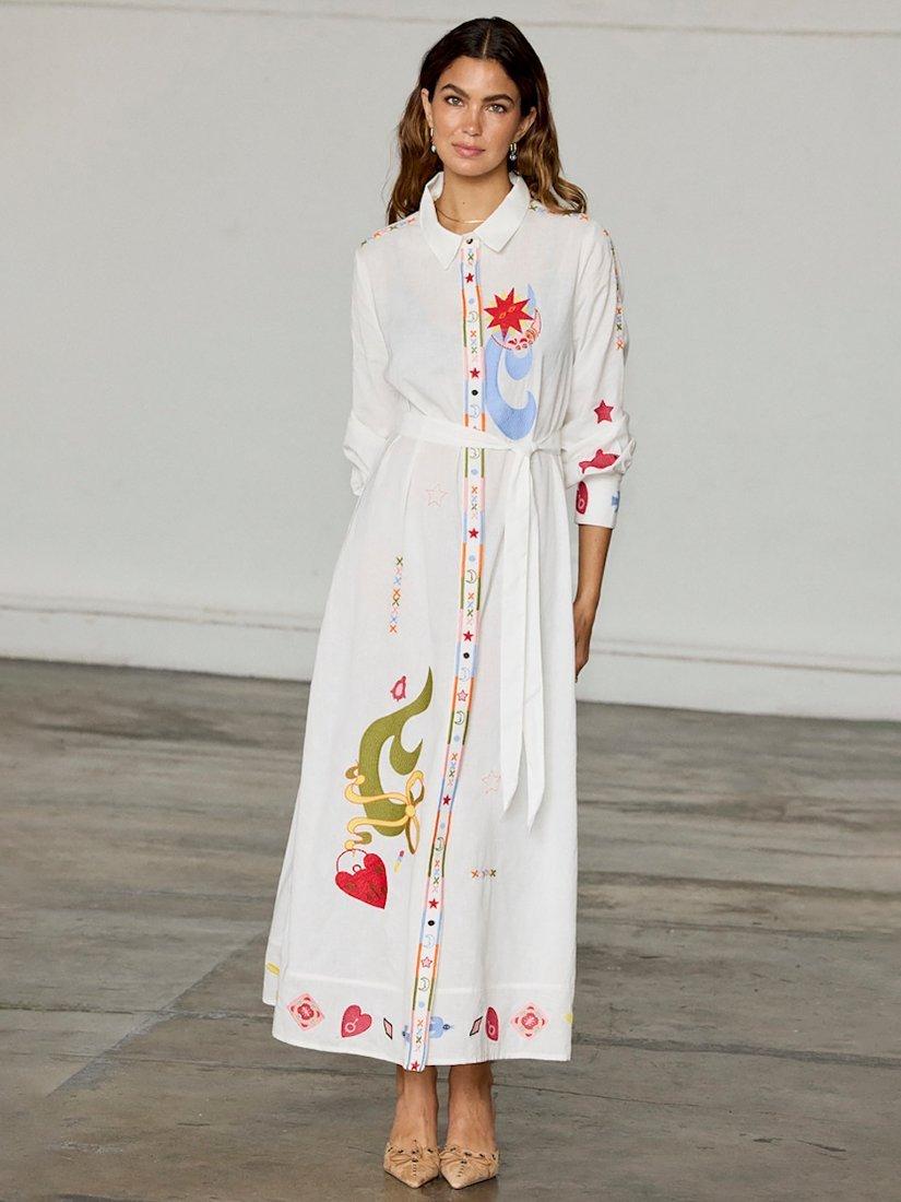 Product image 1 of 5, which shows Never Fully Dressed Motifs Shirt Dress, Cream/Multi, 6