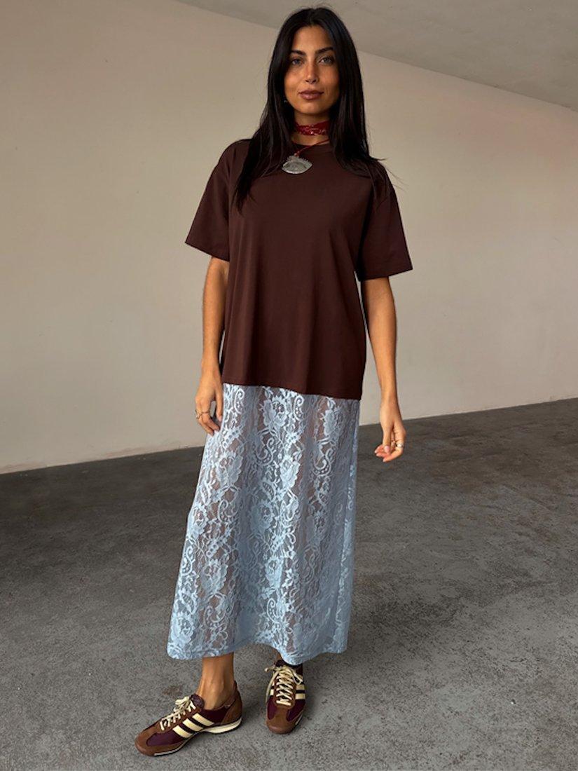 Product image 1 of 6, which shows Never Fully Dressed T-Shirt Lace Dress, Brown, XS