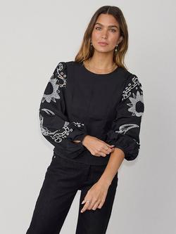 Never Fully Dressed Lillie Embroidered Sleeve Top, Black/White, Black/White