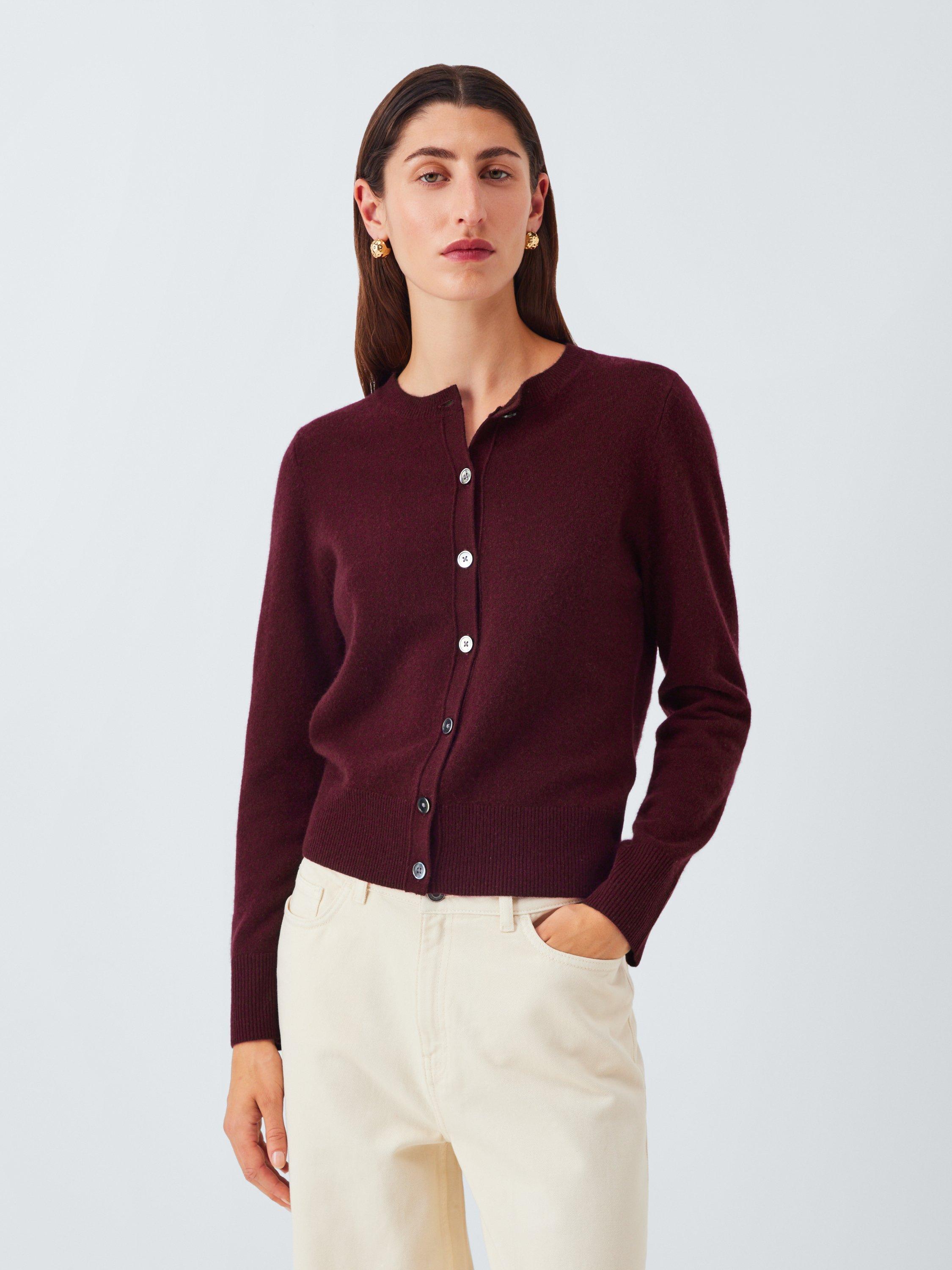 Product image 1 of 7, which shows John Lewis Cashmere Crew Neck Cardigan, Burgundy, 10