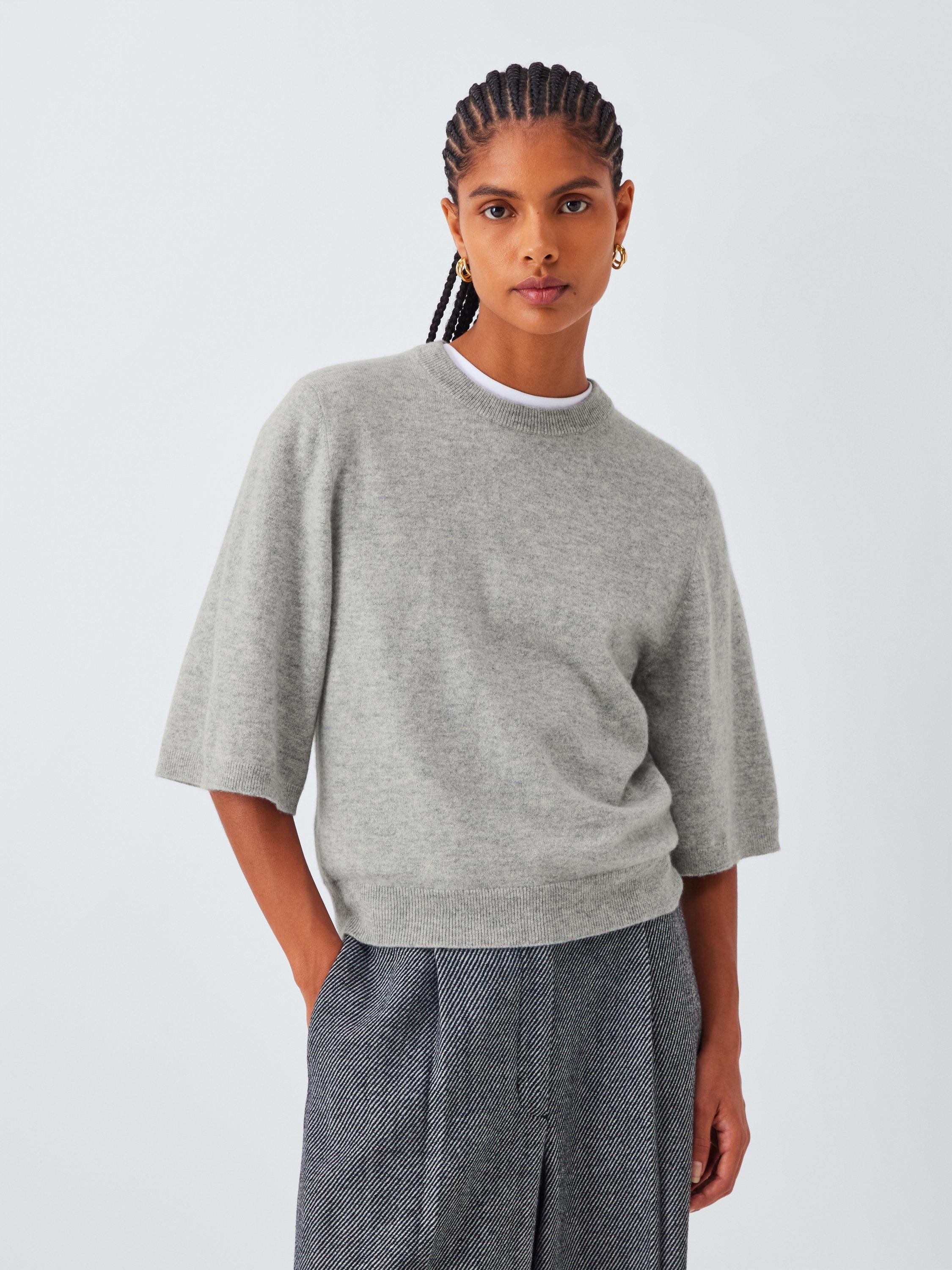 Product image 1 of 7, which shows John Lewis Cashmere Half Sleeve Crew Neck Jumper, Light Grey, 10