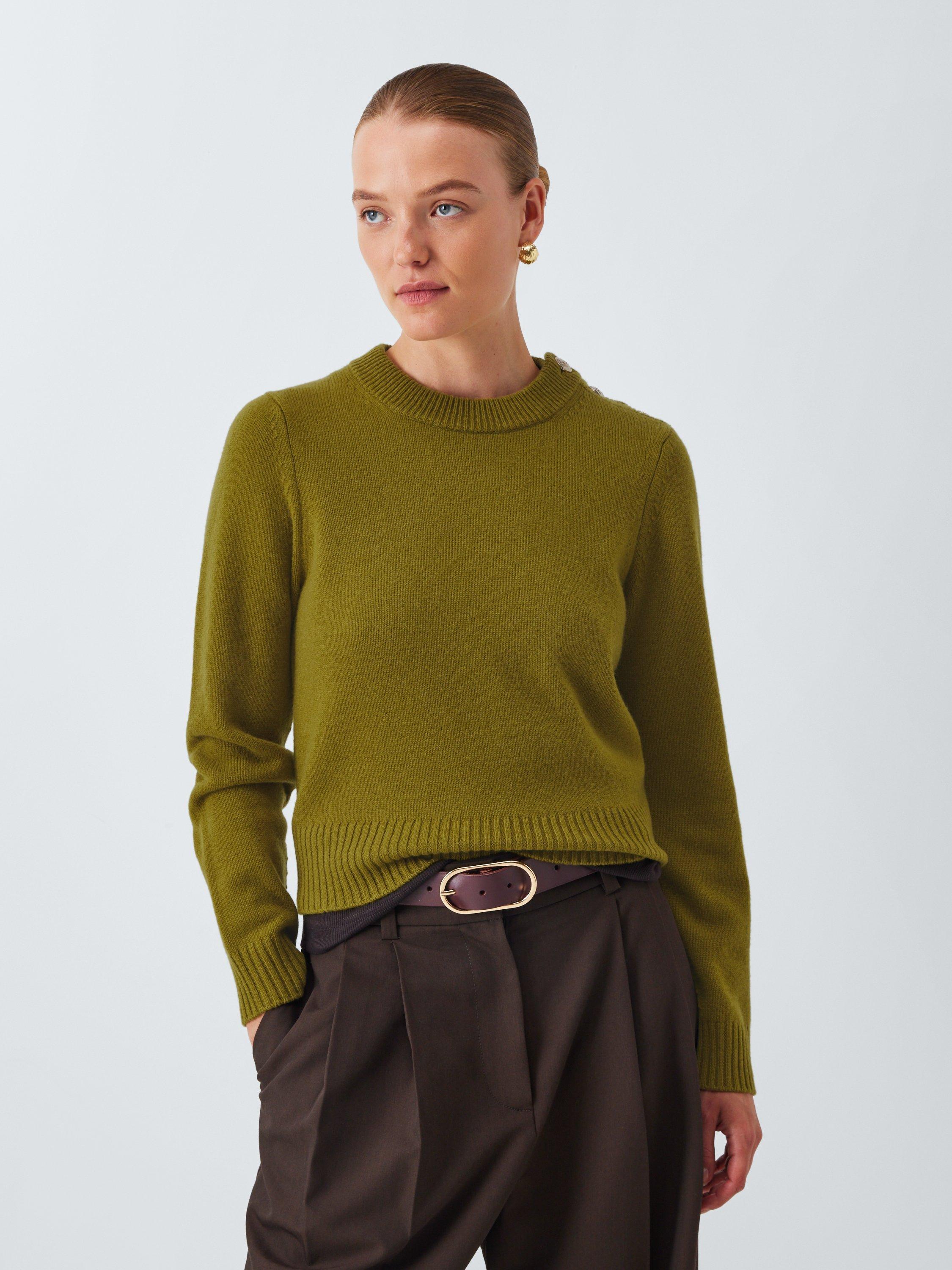 Product image 1 of 6, which shows John Lewis Cashmere Crew Neck Button Trim Jumper, Green, 10