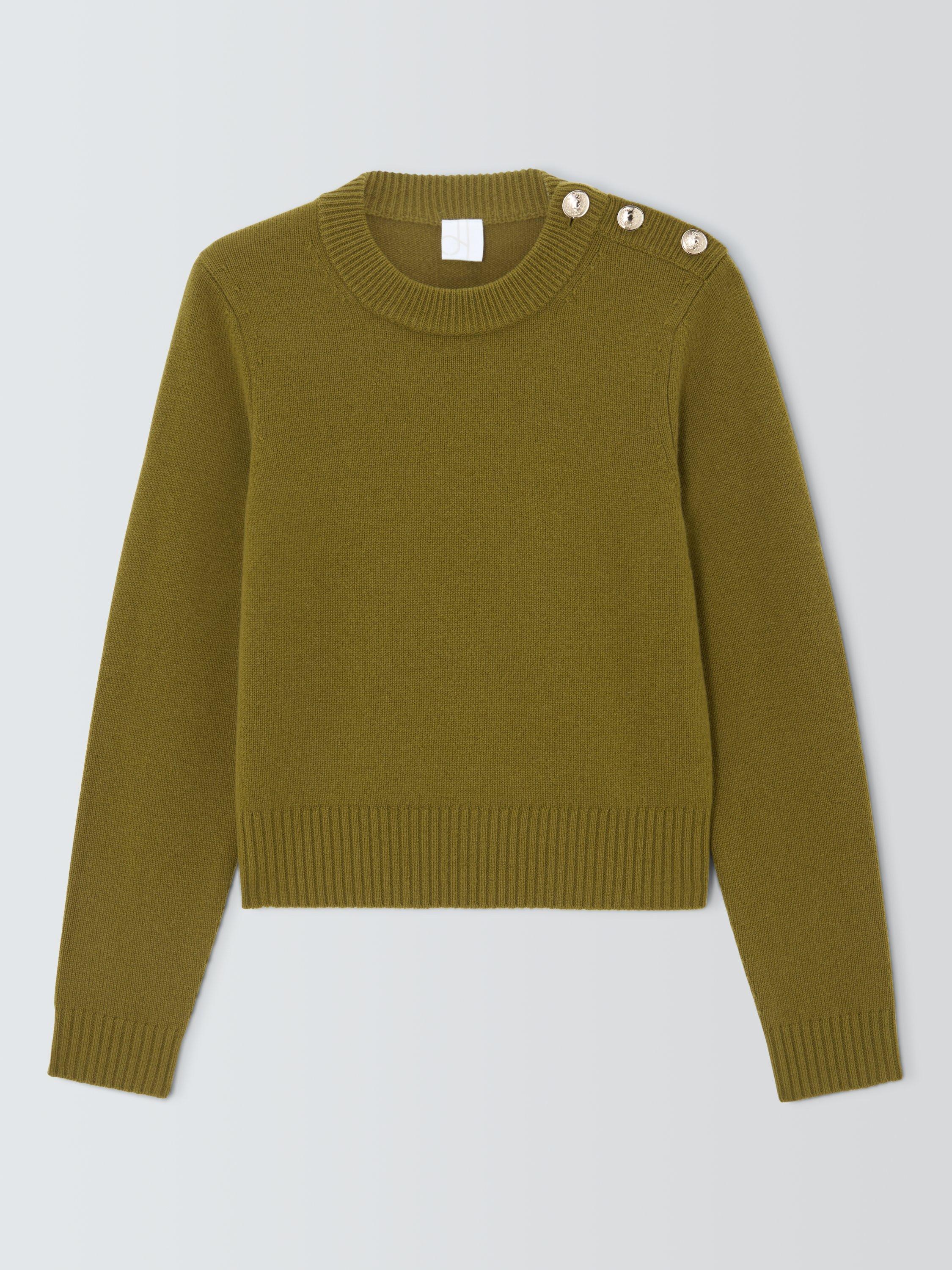 Product image 4 of 6, which shows John Lewis Cashmere Crew Neck Button Trim Jumper, Green, 10