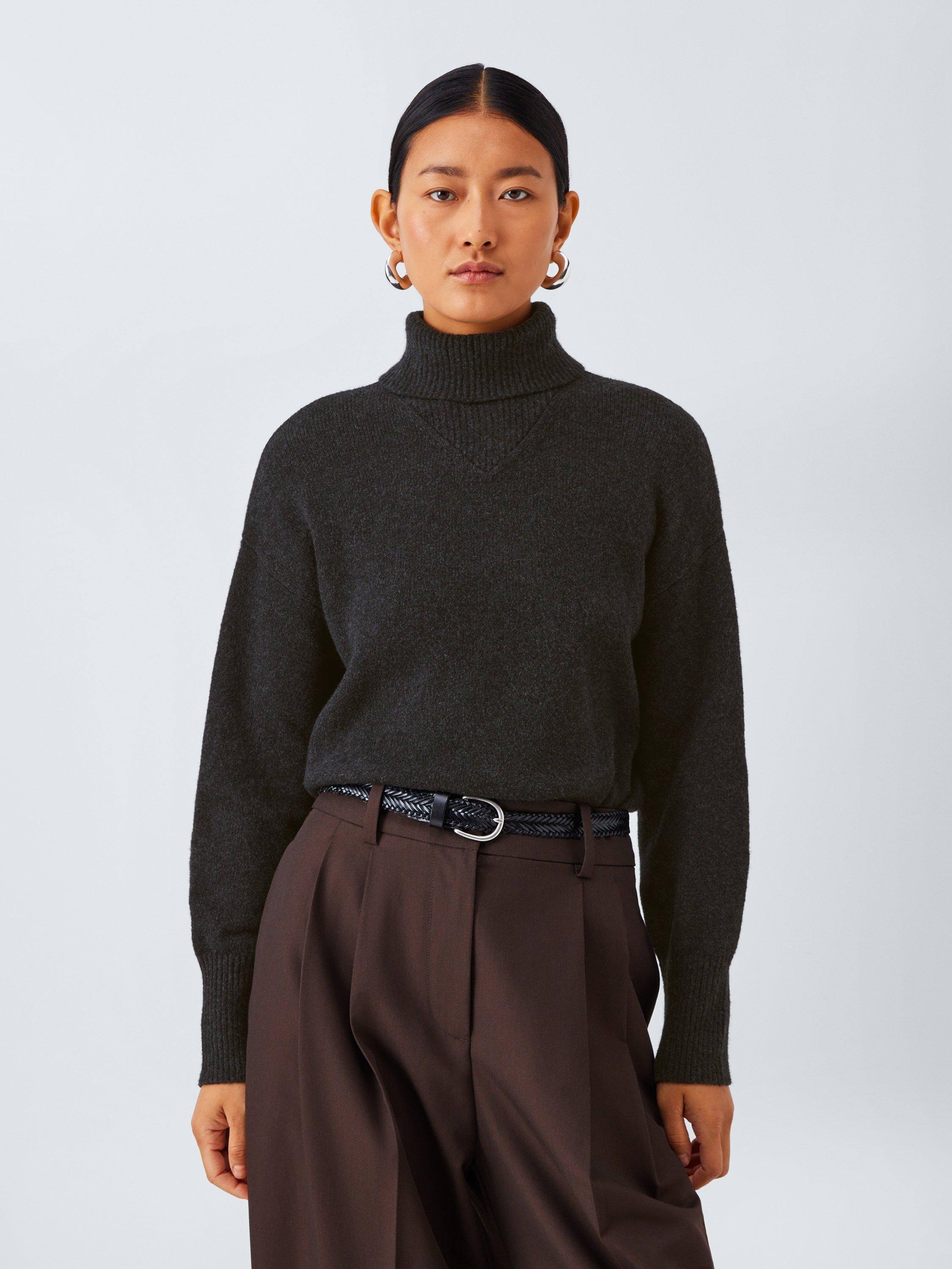 Product image 1 of 7, which shows John Lewis Cashmere Split Roll Neck Detail Jumper, Charcoal, S