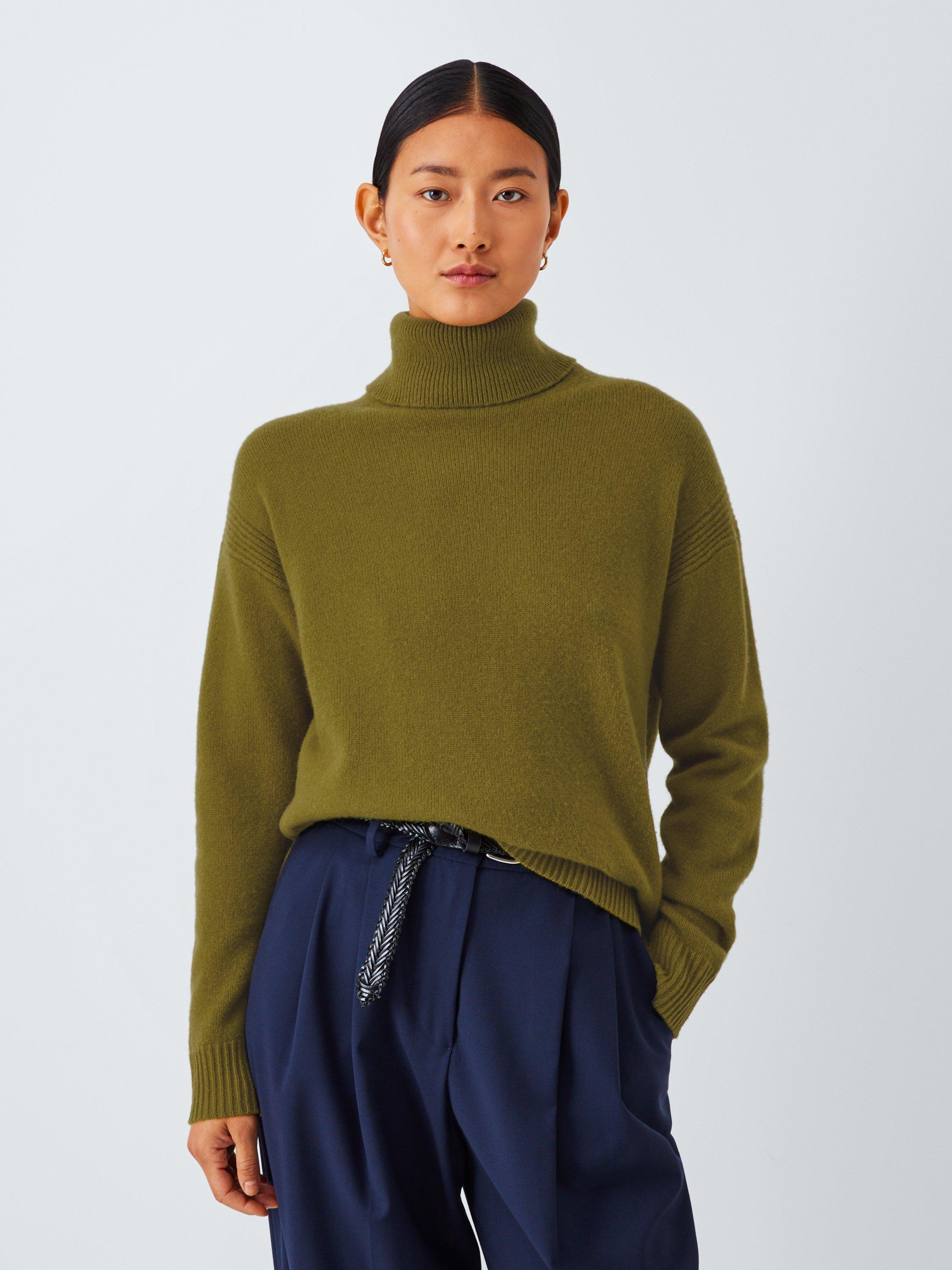 Product image 1 of 7, which shows John Lewis Cashmere Split Roll Neck Detail Jumper, Olive, S