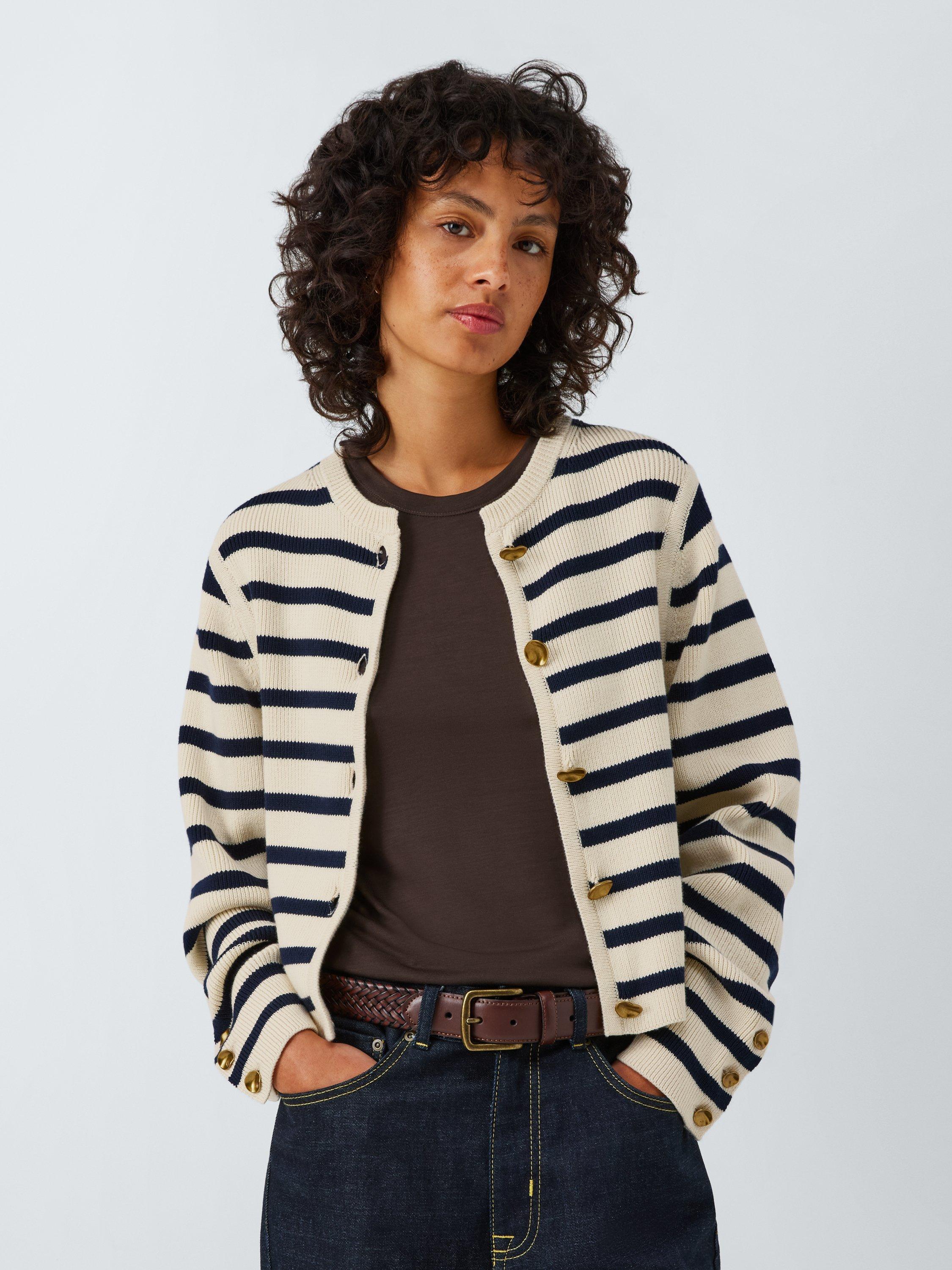 Product image 1 of 6, which shows John Lewis Cotton Blend Long Sleeved Knitted Cardigan, Navy Stripe, 8