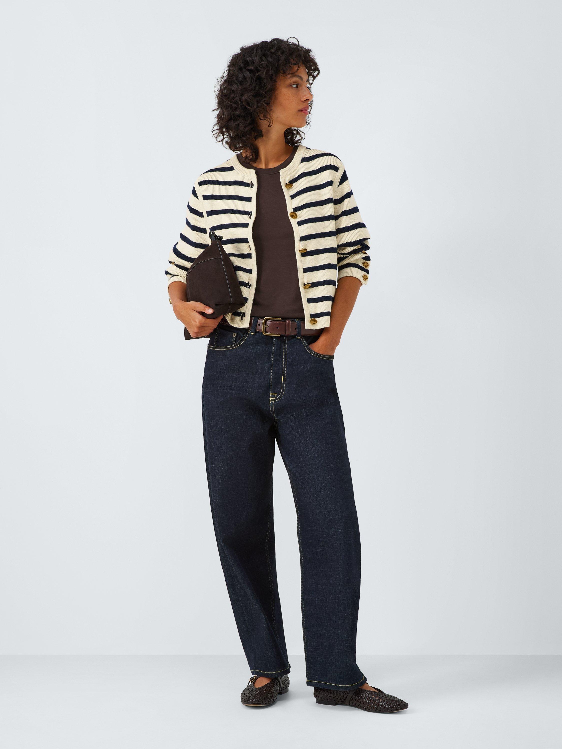 Product image 3 of 6, which shows John Lewis Cotton Blend Long Sleeved Knitted Cardigan, Navy Stripe, 8
