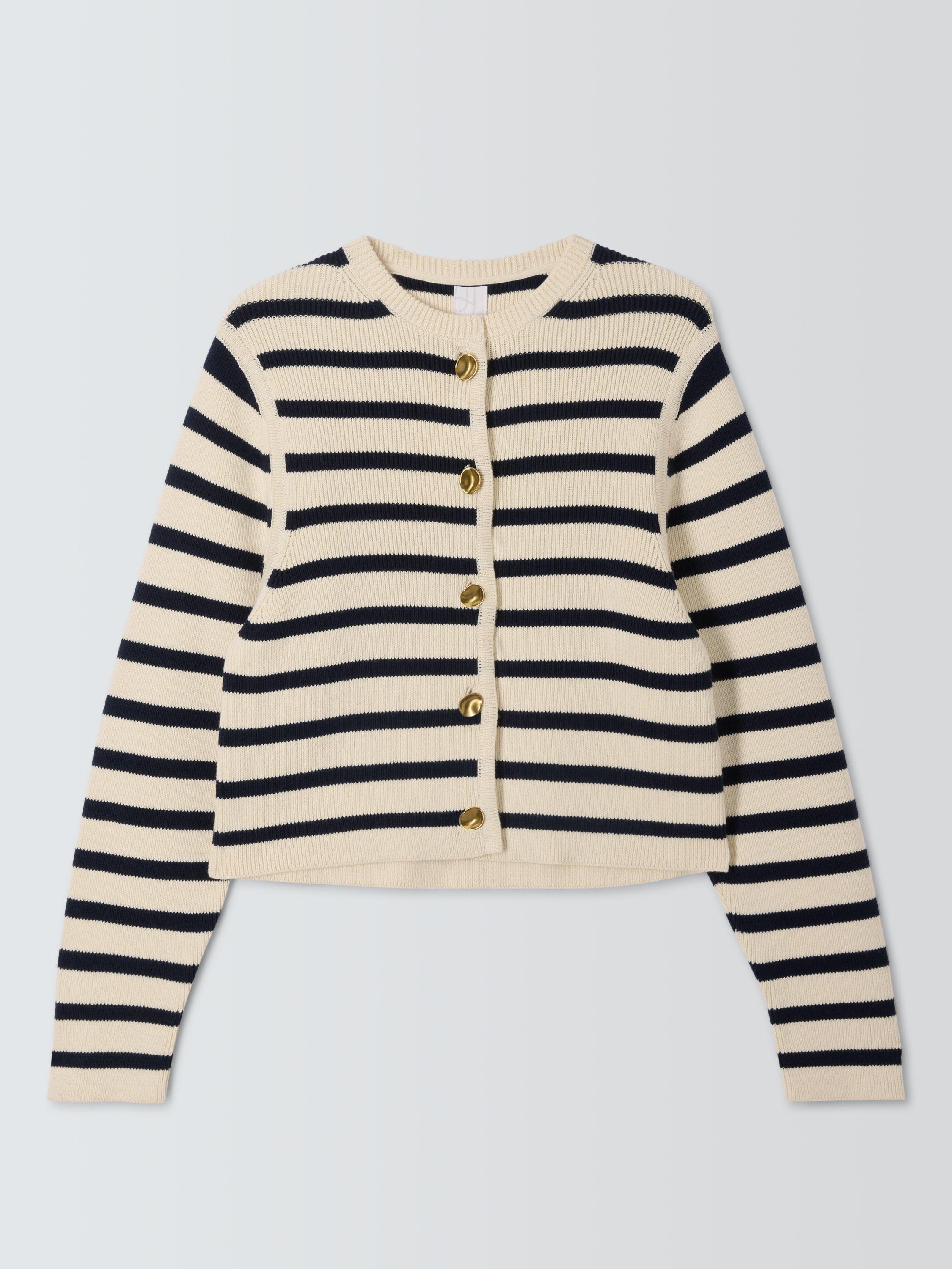 Product image 4 of 6, which shows John Lewis Cotton Blend Long Sleeved Knitted Cardigan, Navy Stripe, 8