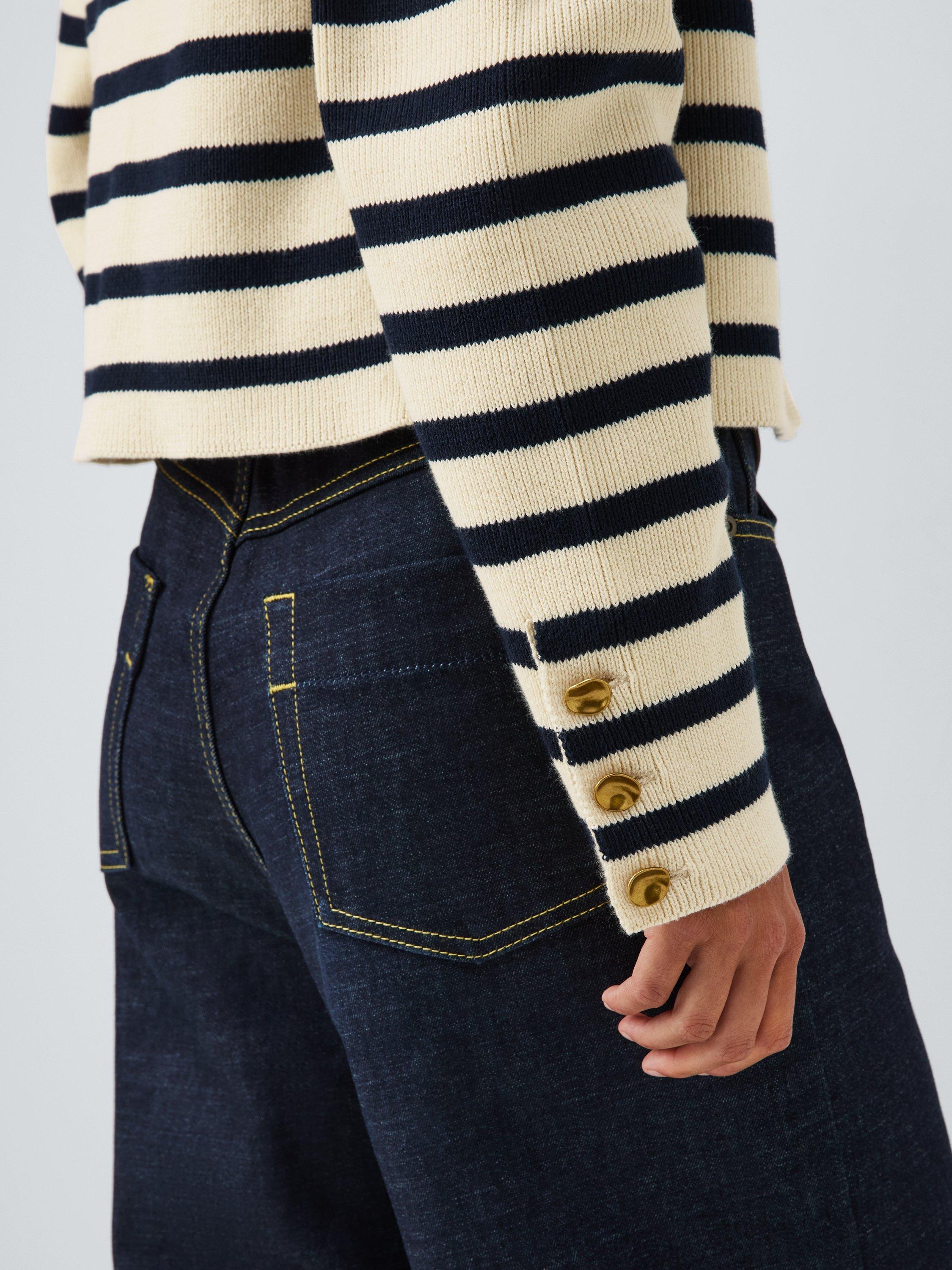 Product image 5 of 6, which shows John Lewis Cotton Blend Long Sleeved Knitted Cardigan, Navy Stripe, 8