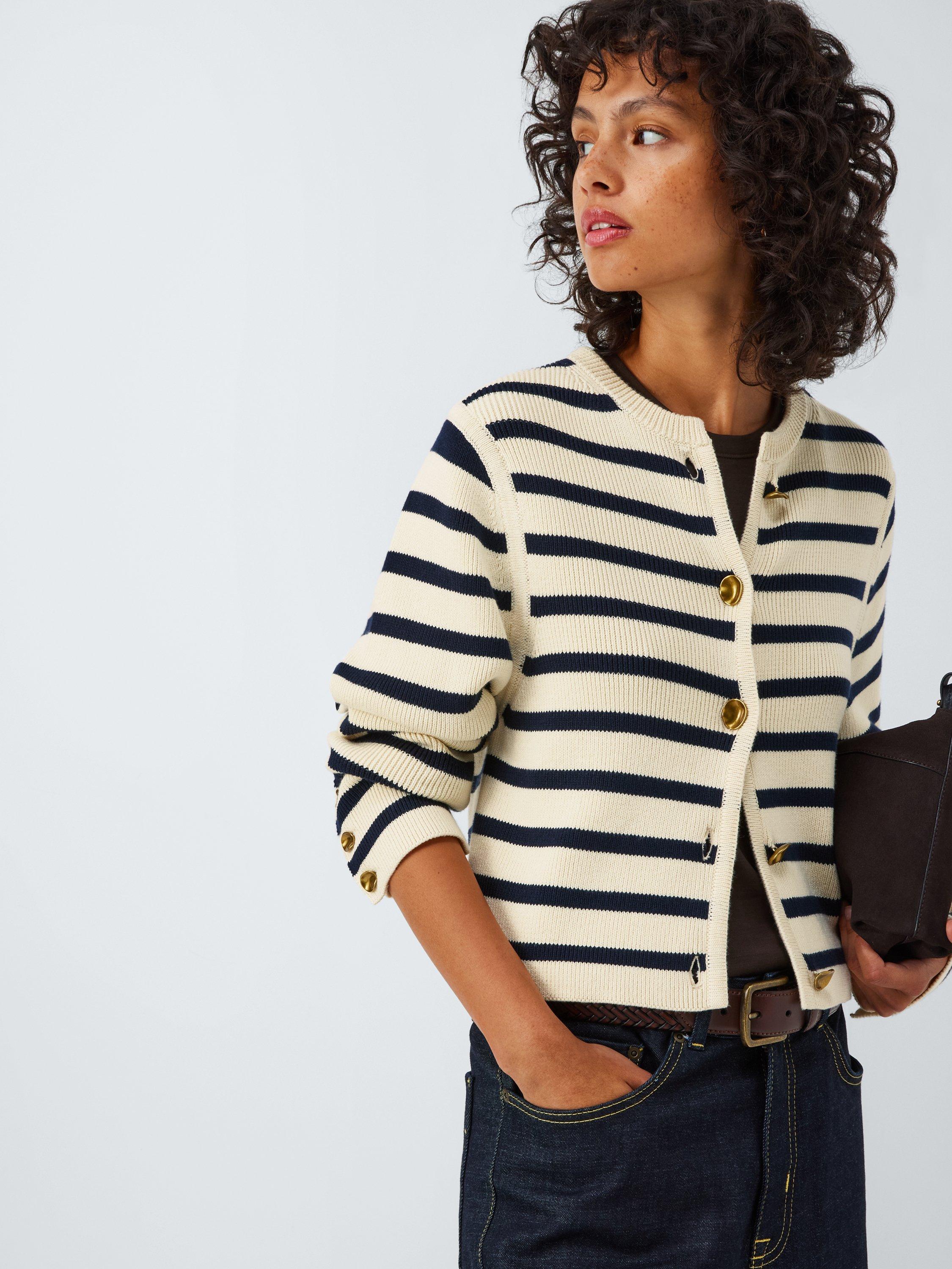 Product image 6 of 6, which shows John Lewis Cotton Blend Long Sleeved Knitted Cardigan, Navy Stripe, 8