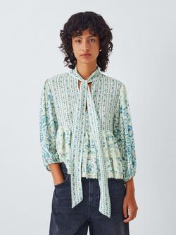 AND/OR Kiri Frill Hem Tie Neck Top, Blue Multi, Blue Multi