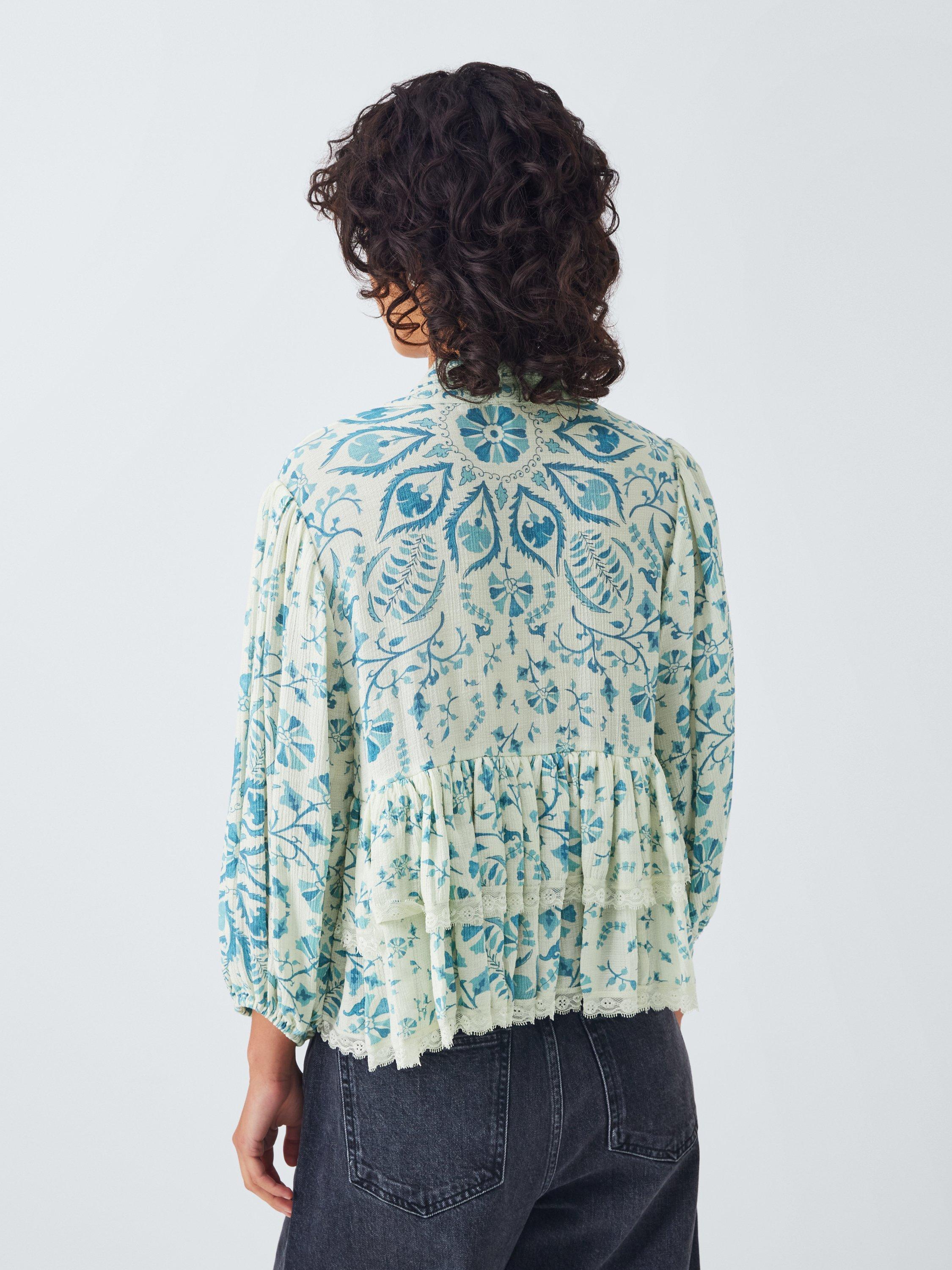 Product image 2 of 6, which shows AND/OR Kiri Frill Hem Tie Neck Top, Blue Multi, 6