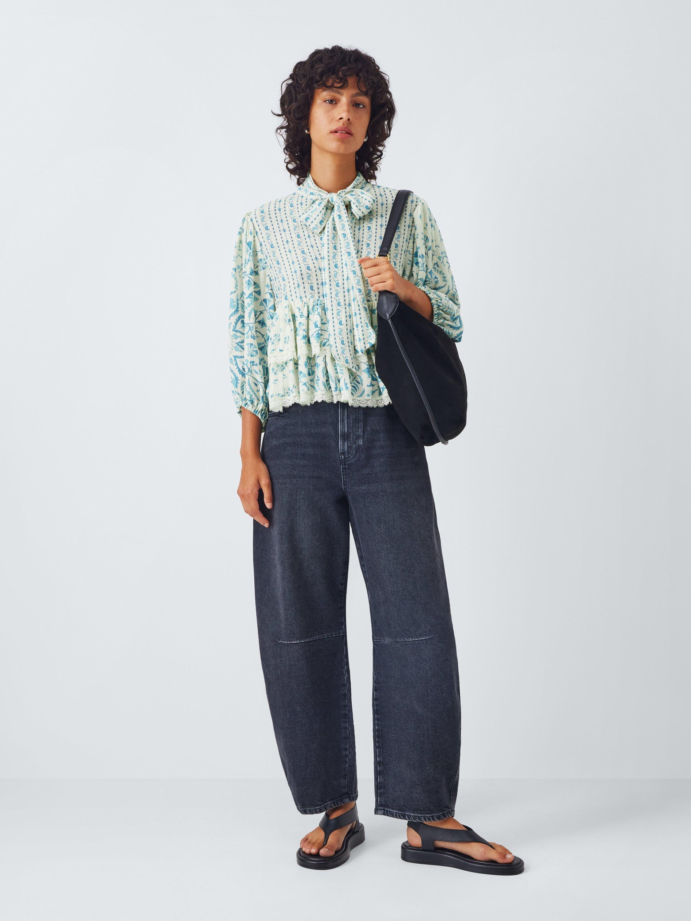 Product image 3 of 6, which shows AND/OR Kiri Frill Hem Tie Neck Top, Blue Multi, 6