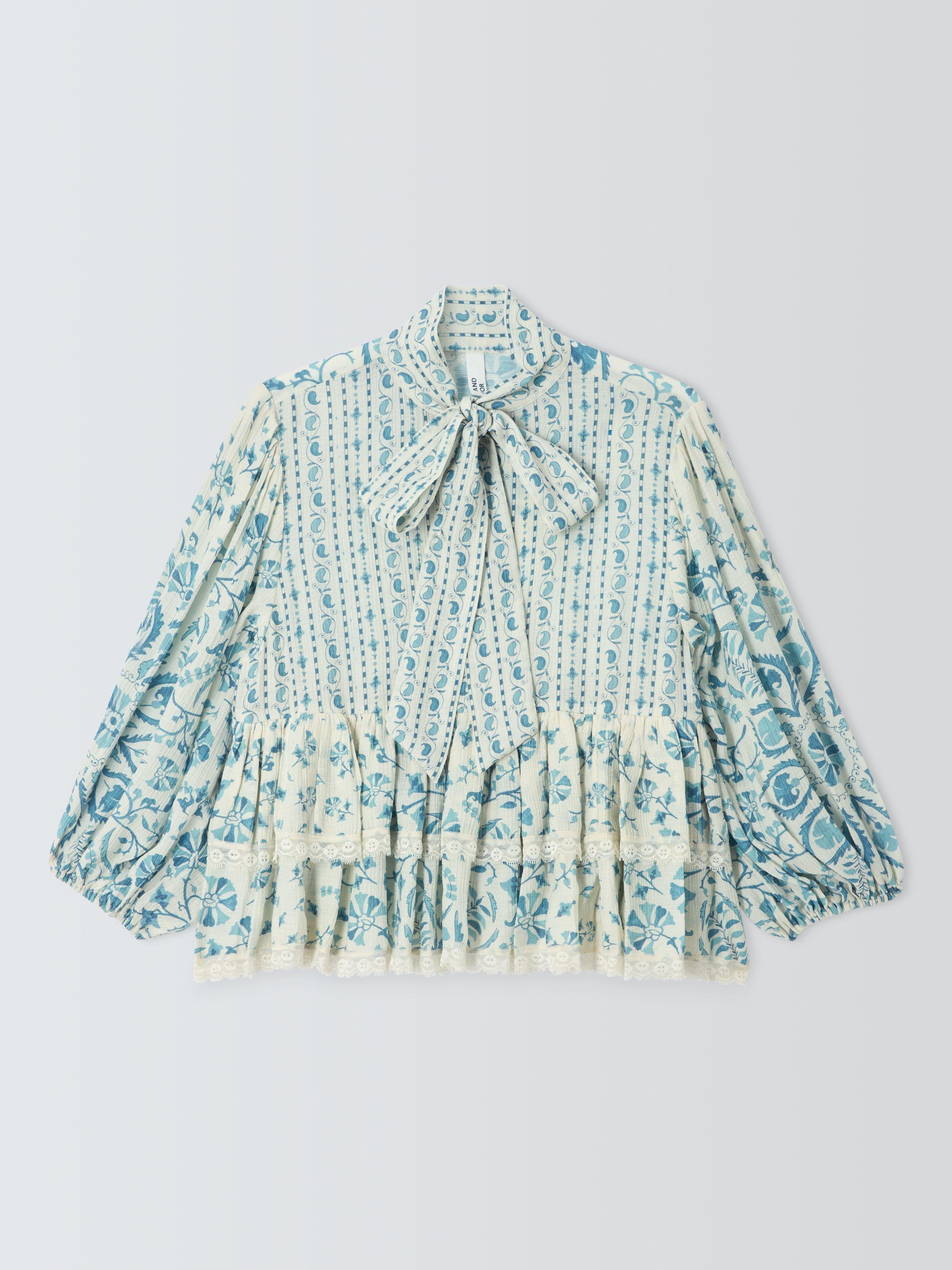 Product image 4 of 6, which shows AND/OR Kiri Frill Hem Tie Neck Top, Blue Multi, 6