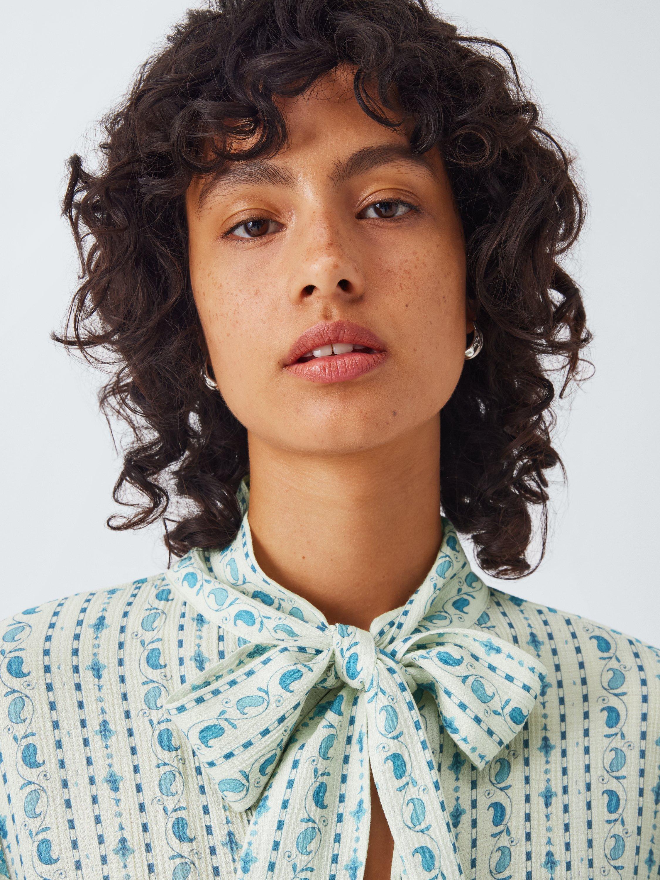 Product image 5 of 6, which shows AND/OR Kiri Frill Hem Tie Neck Top, Blue Multi, 6