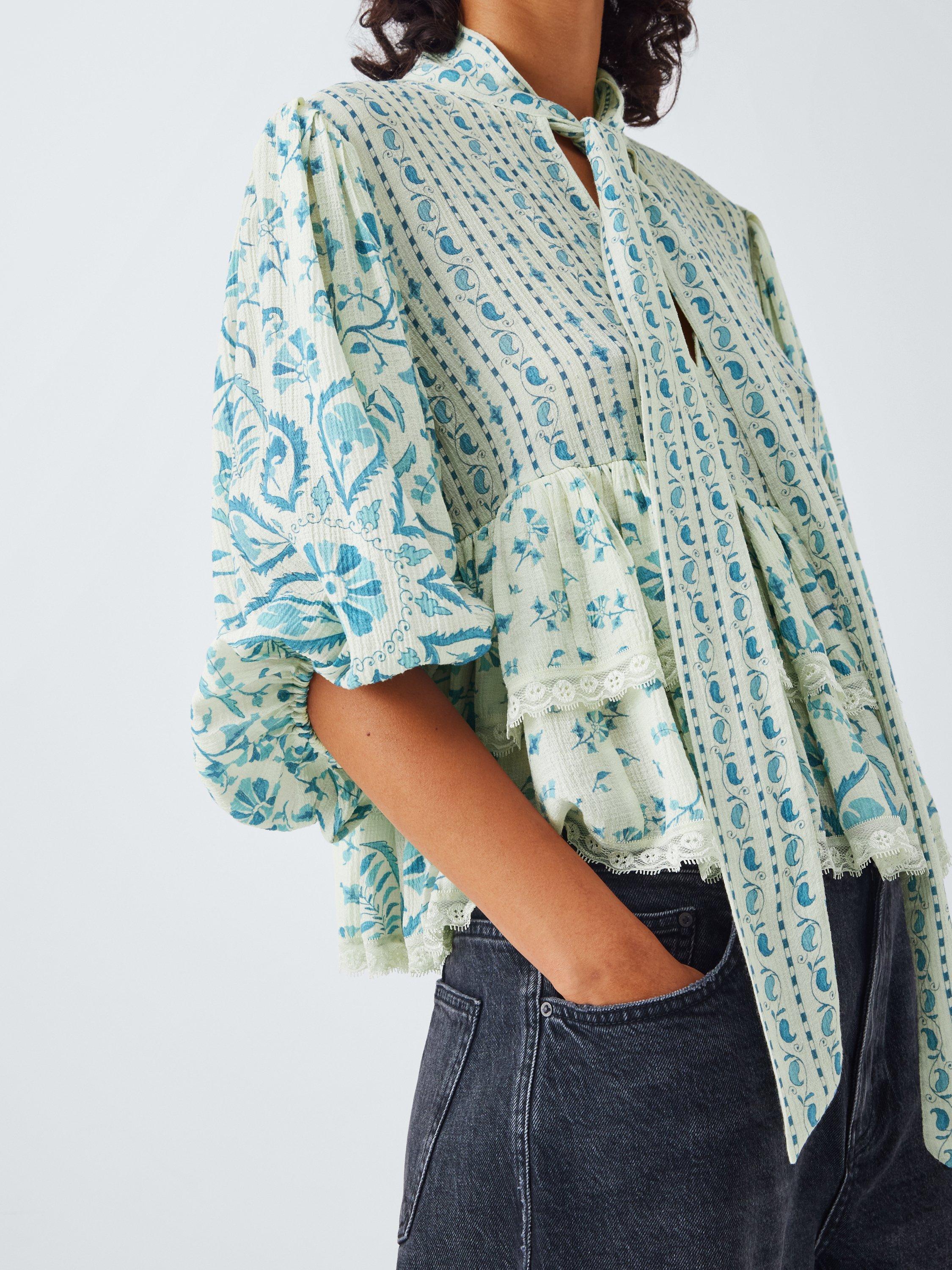 Product image 6 of 6, which shows AND/OR Kiri Frill Hem Tie Neck Top, Blue Multi, 6