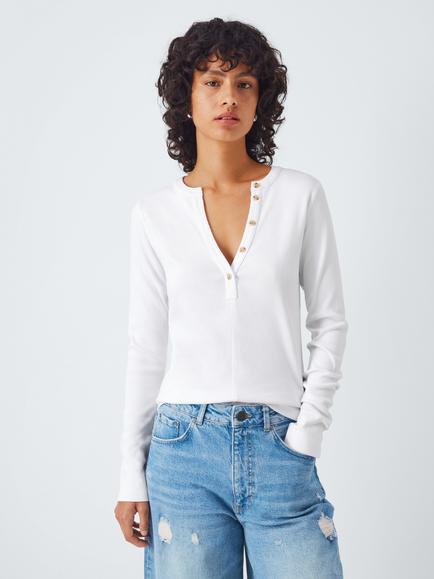 AND/OR Henley Ribbed Stretch Cotton Long Sleeve Top, White