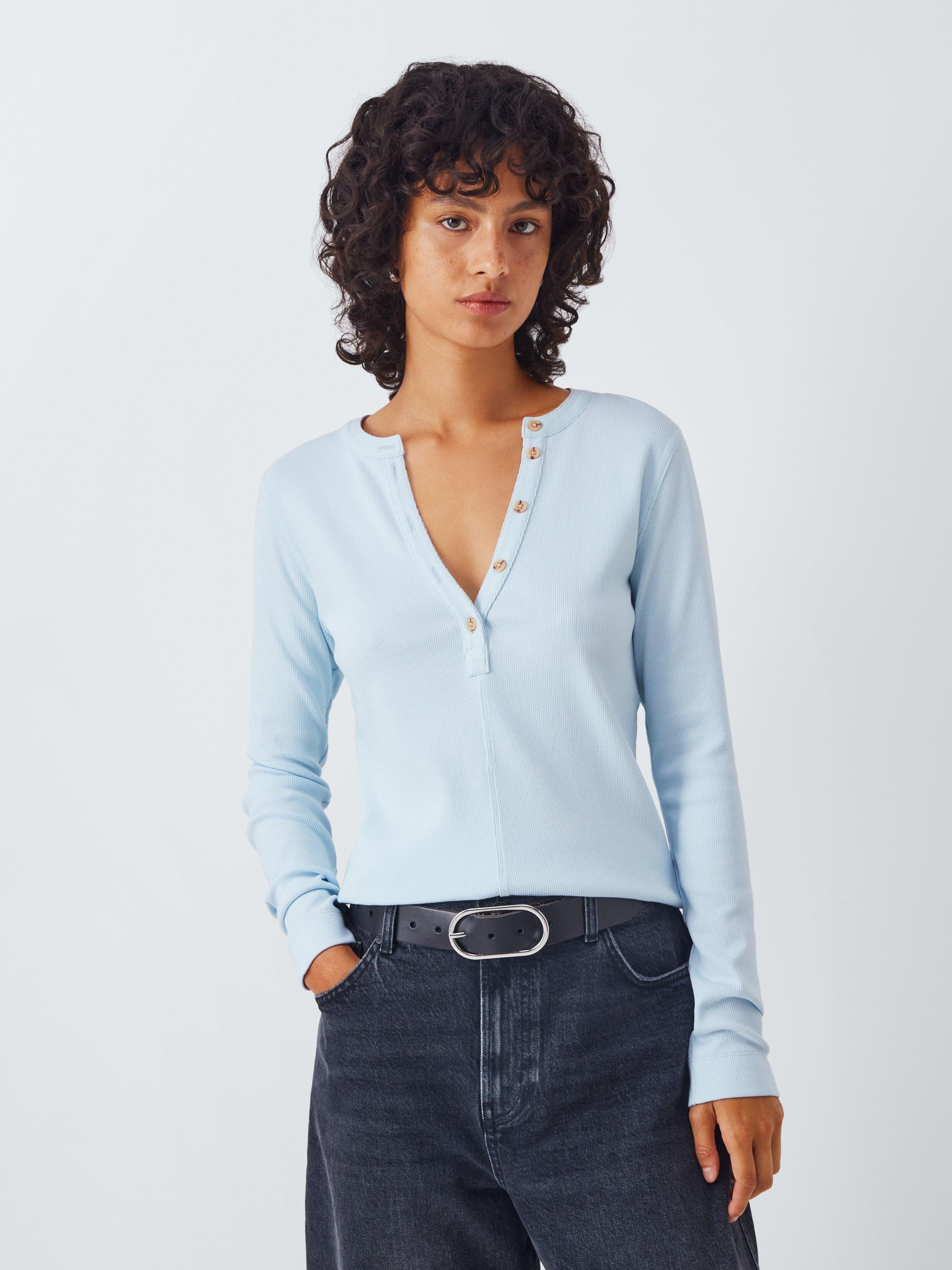 Product image 1 of 6, which shows AND/OR Henley Ribbed Long Sleeve Top, Light Blue, 6