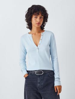 AND/OR Henley Ribbed Long Sleeve Top, White, Light Blue
