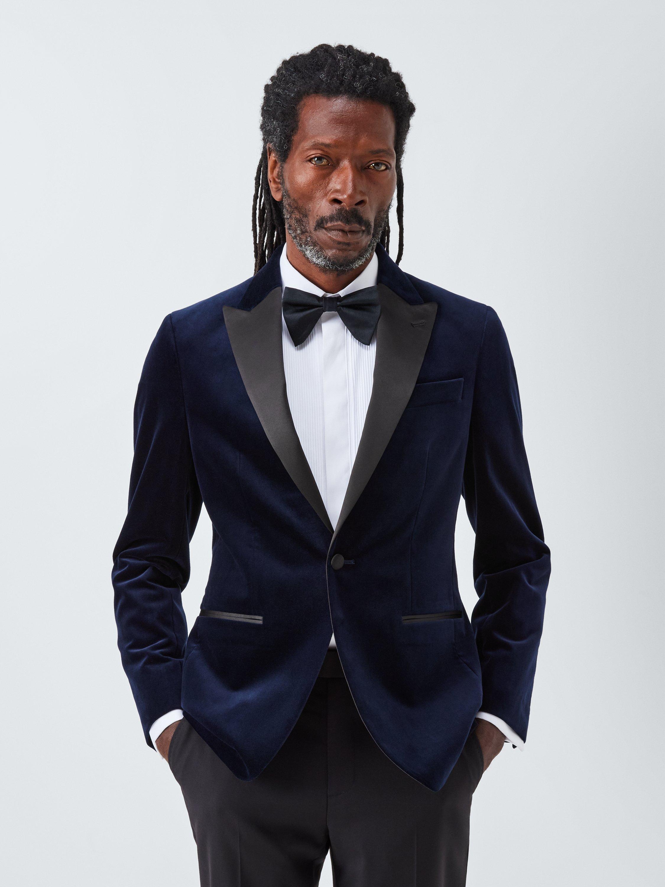 Product image 1 of 7, which shows John Lewis Satin Peak Lapel Regular Fit Velvet Dinner Jacket, Navy, 46R